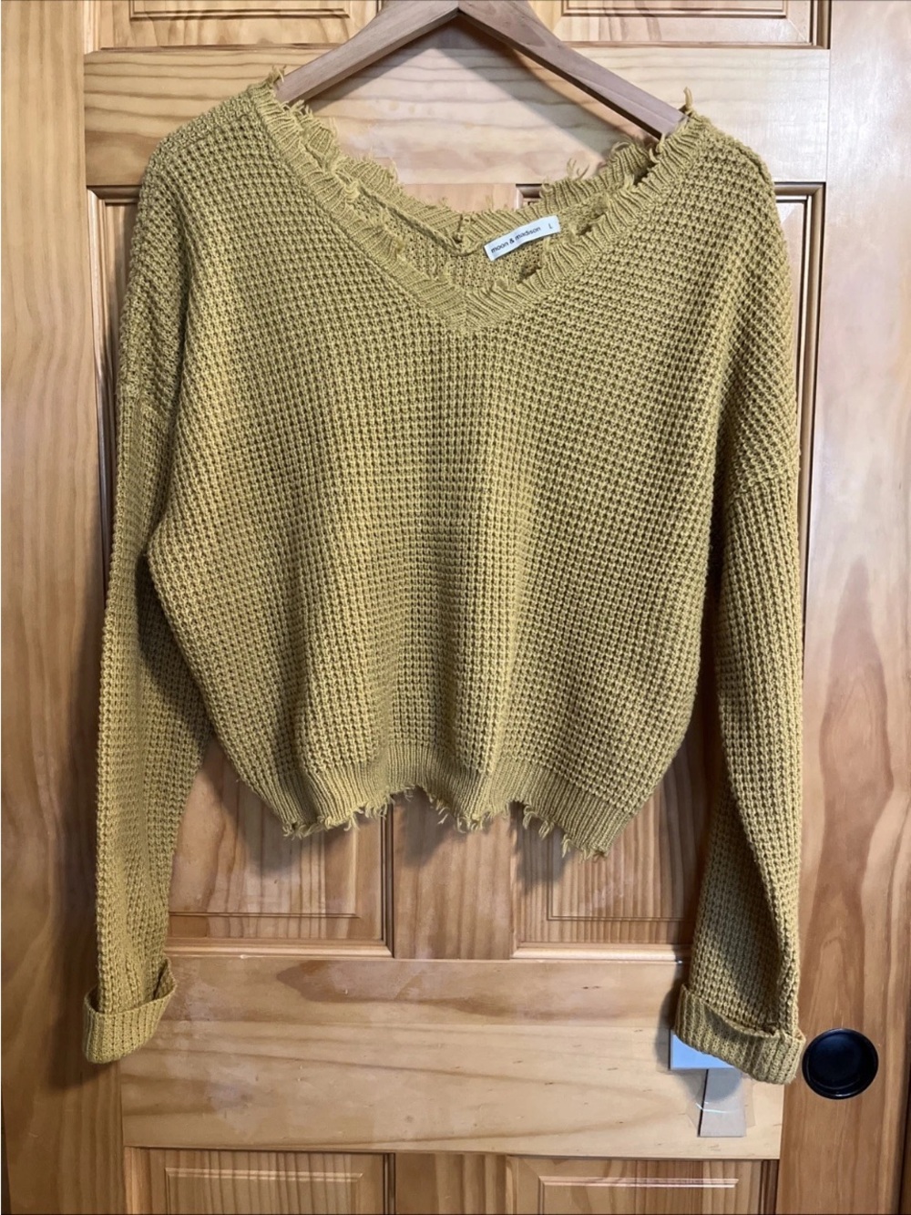 Anthropologie Moon & Madison Mustard Distressed V-Neck Waffle Knit Sweater